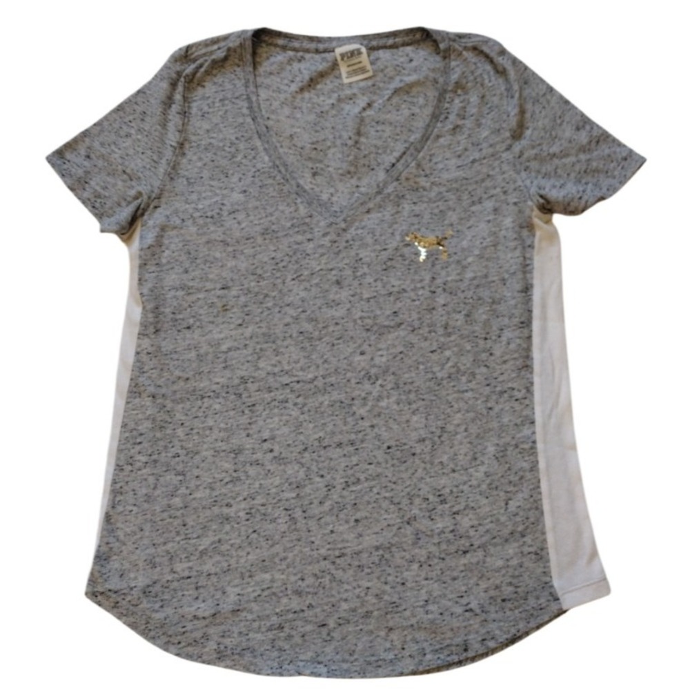 Victoria Secret Pink T Shirt Woman's S Grey Sequens Logo V Neck Shirt Sleeves‎